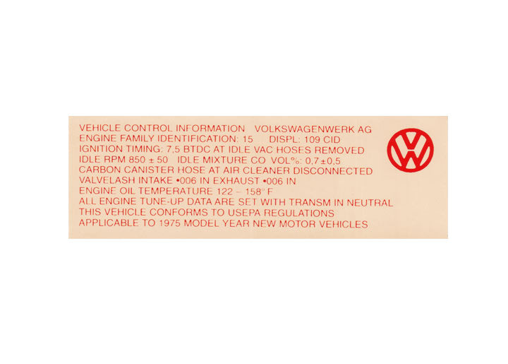 ENGINE COMPARTMENT DECAL timing STICKER; 914; 1975; 1.8