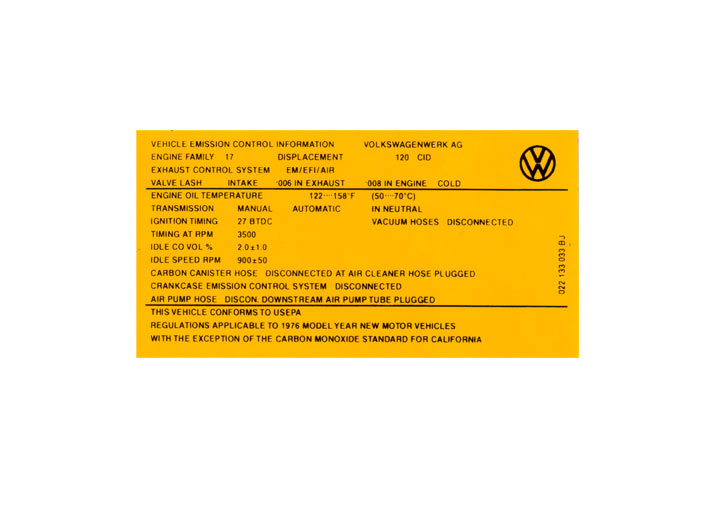 ENGINE COMPARTMENT DECAL STICKER; 914; 1976; 2.0