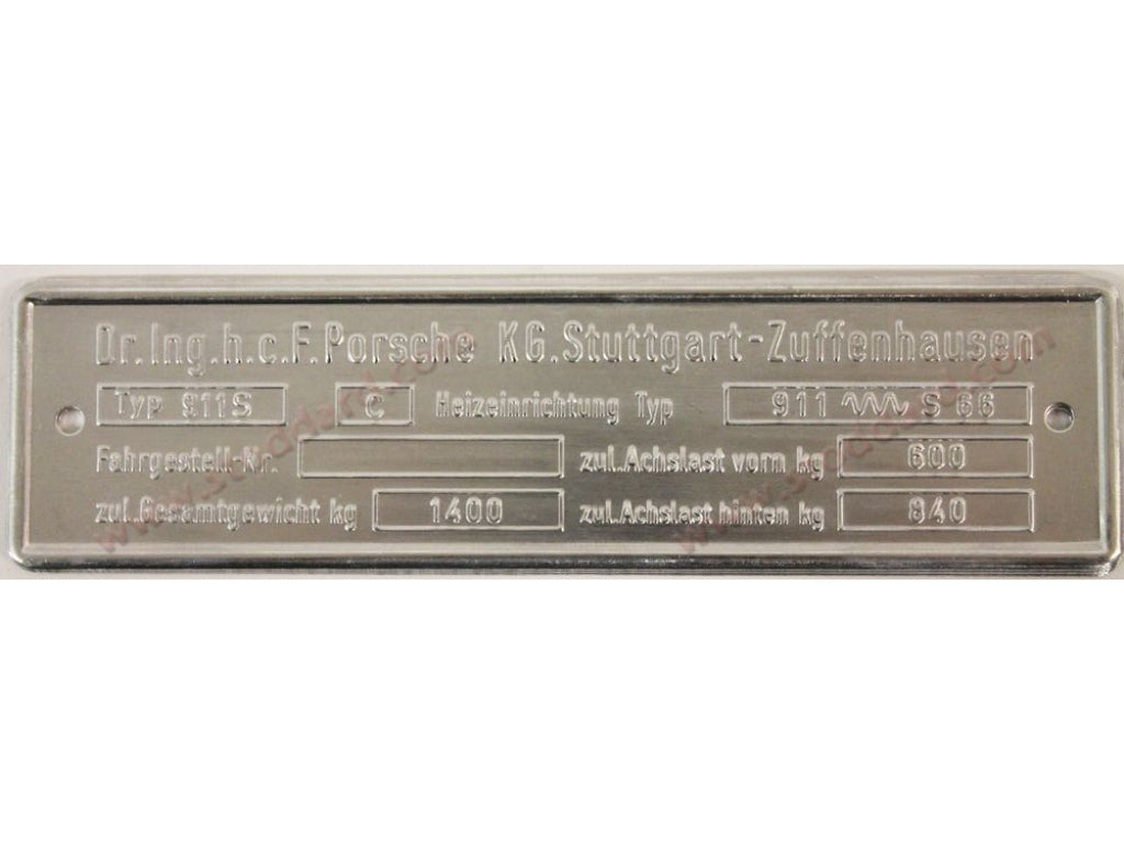 Chassis Identification Tag. 911S C 2.2 Liter.