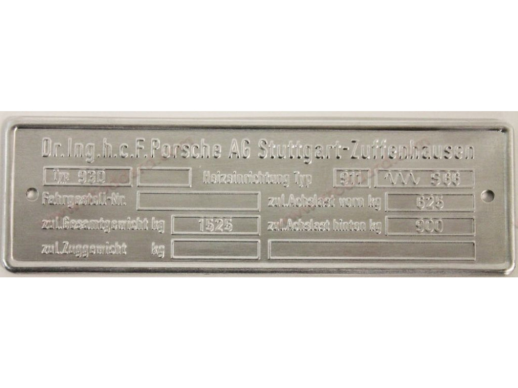 Chassis Identification Tag 911 930 Turbo 1975-1977