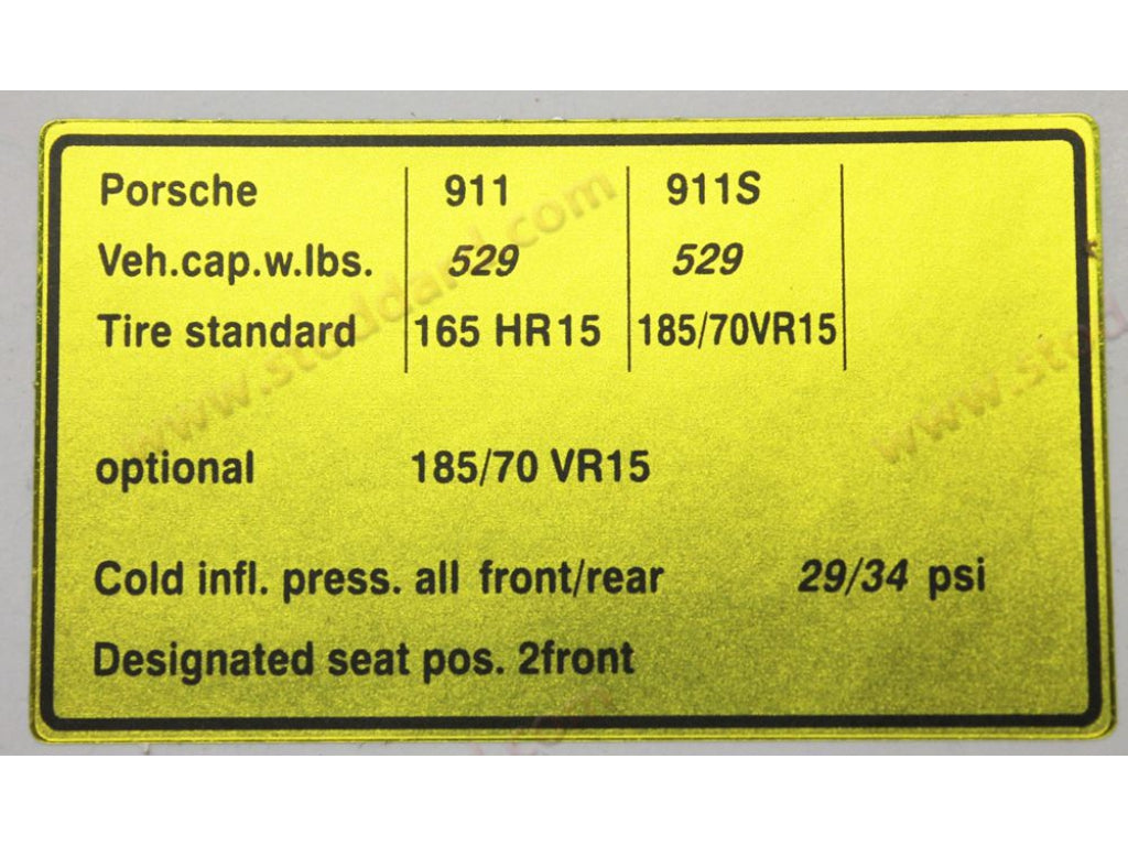 Tire Pressure Sticker for 911 1974 only.