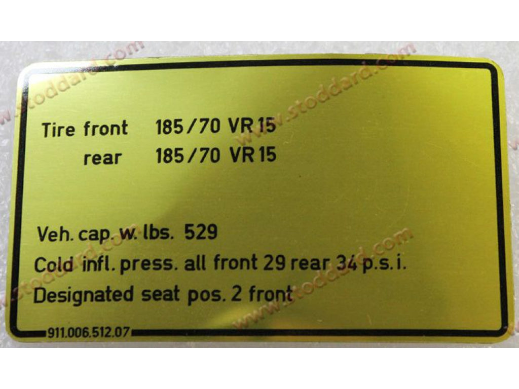 Vehicle Capacities and Tire Pressure Decal For 911 1974-77