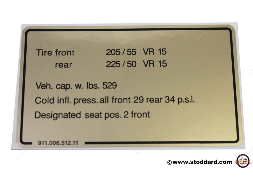 Vehicle Capacities and Tire Pressure Decal for 911 Weissach Edition. 91100651211