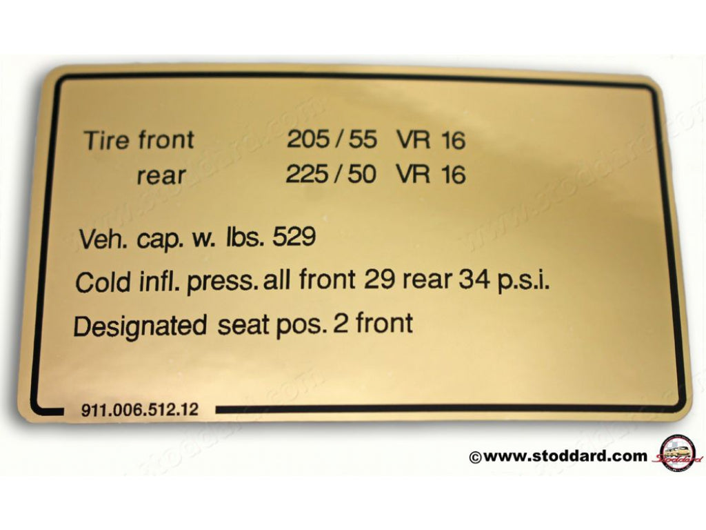 Vehicle Capacities and Tire Pressure Decal 911 1978-1983