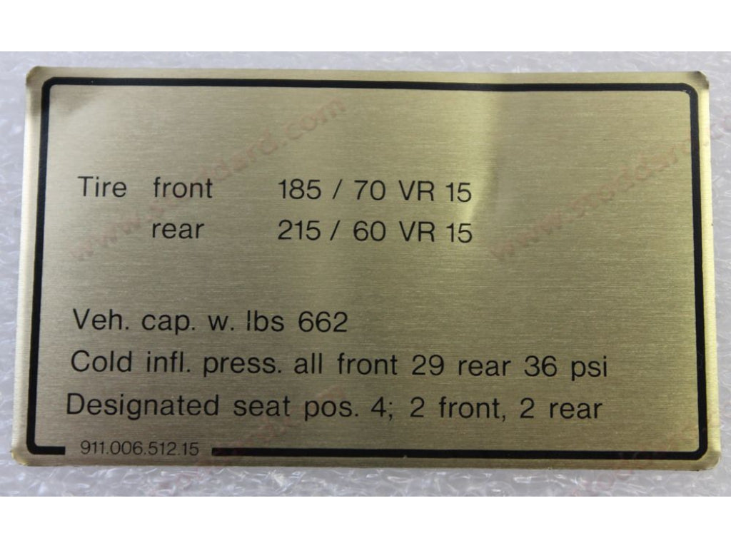 Vehicle Capacities and Tire Pressure Decal For 911 1984-89
