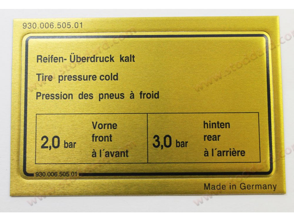 Tire Pressure Decal for 911 Turbo (1978-1986)