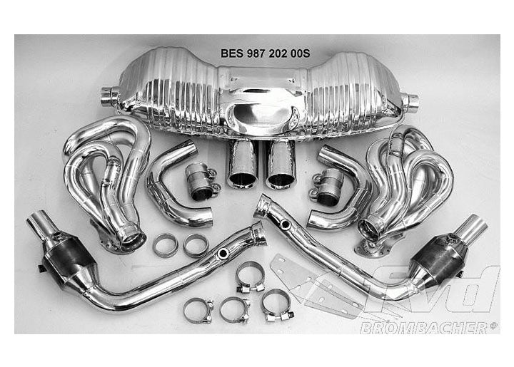 Exhaust System Brombacher 987-2/S Boxster, Sound Version, 200 Cell Cats , Tips 2x90mm