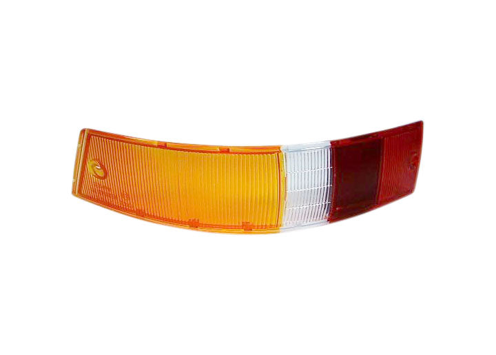 Tail light lens, left side, red/white/amber, for Euro models. Fits 1965-1968.