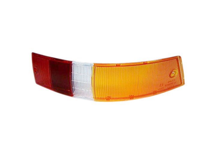 Tail light lens, right side, red/white/amber, for Euro models. Fits 1965-1968.