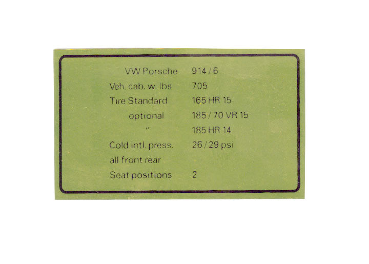 TIRE PRESSURE DECAL STICKER, 914-6