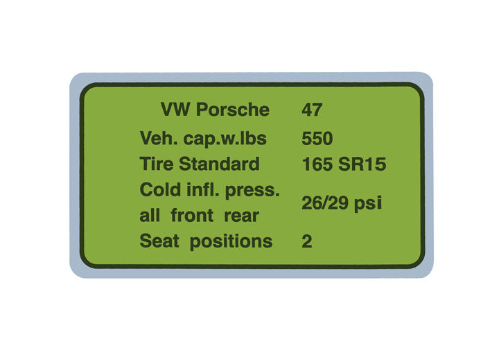 165 TIRE PRESSURE STICKER decal  914 on expansion tank