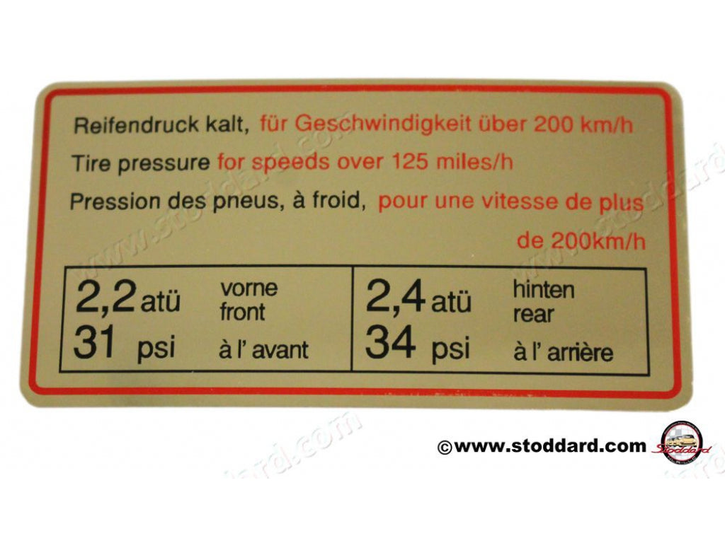 200KM/HR Tire Pressure Decal, Red Border for 1967 911S 90100650700