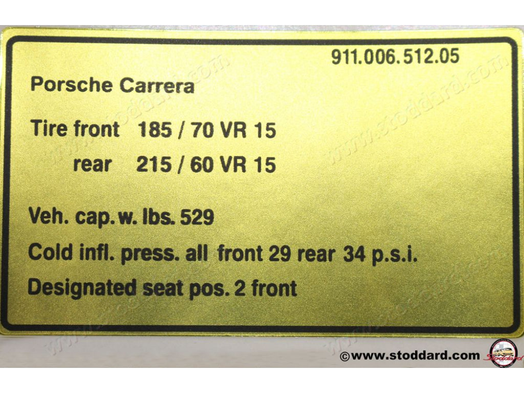 Tire Pressure Decal for Carrera RS 2.7  2.7RS