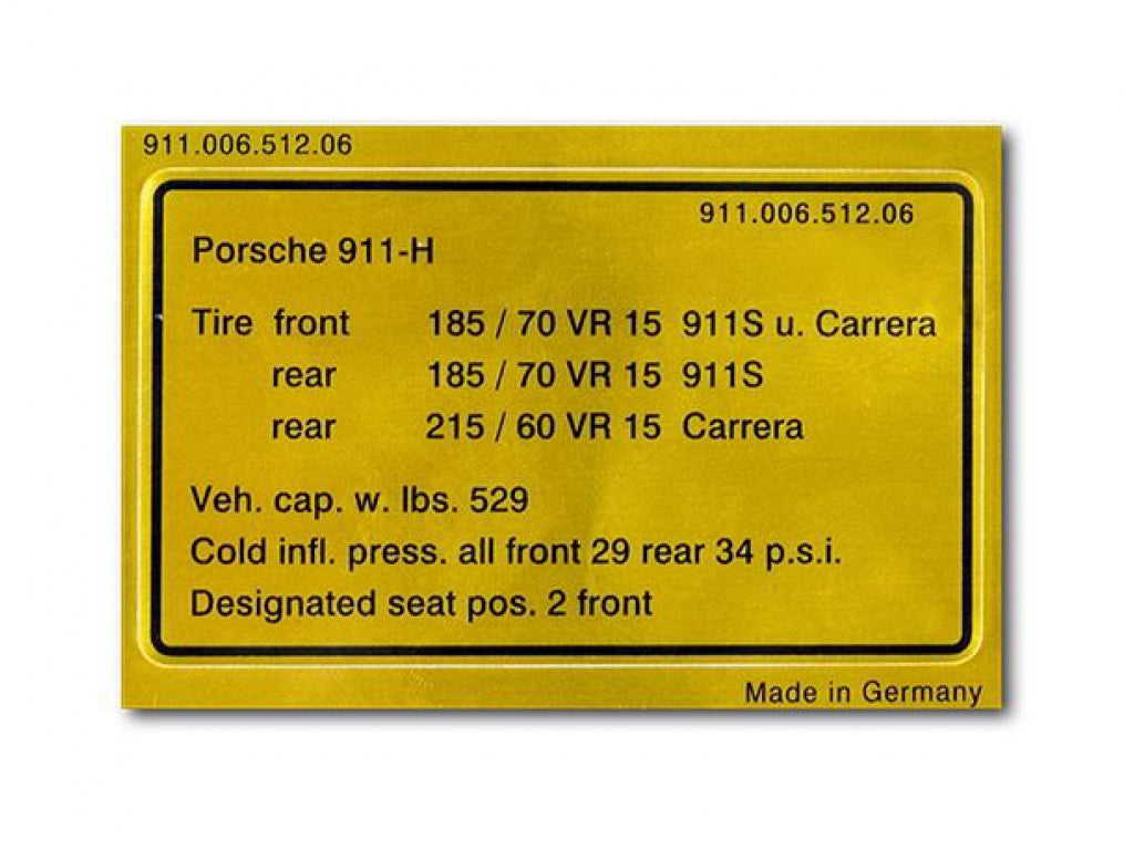 Vehicle Capacity and Tire Pressure Decal Sticker 1975 Porsche 911S and Carrera