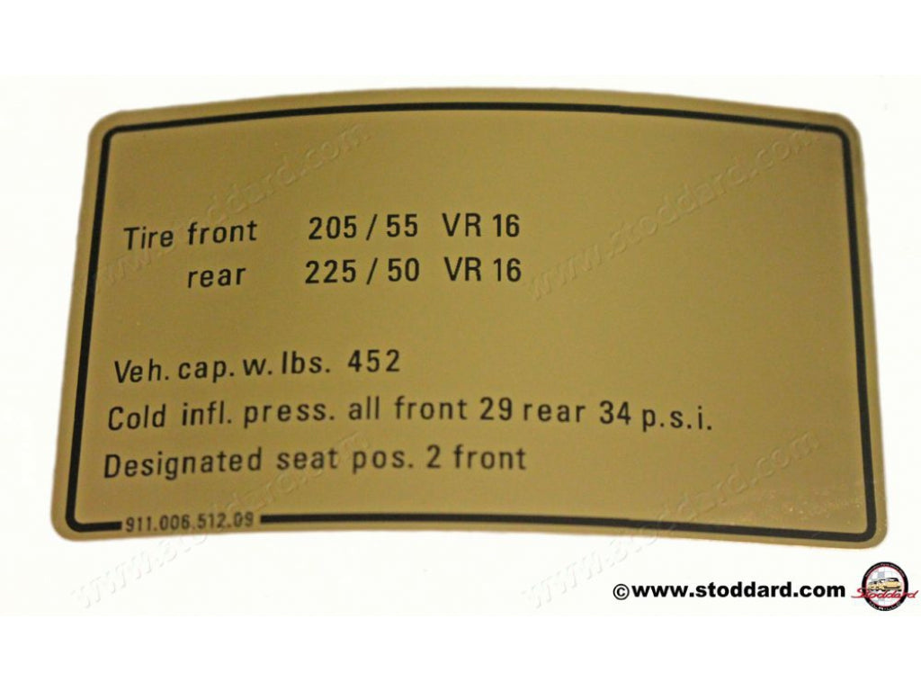 Vehicle Capacities and Tire Pressure Decal for 911 930 1978-1982