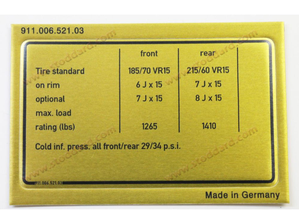 Vehicle Capacities and Tire Pressure Decal for 911 1977 Carrera