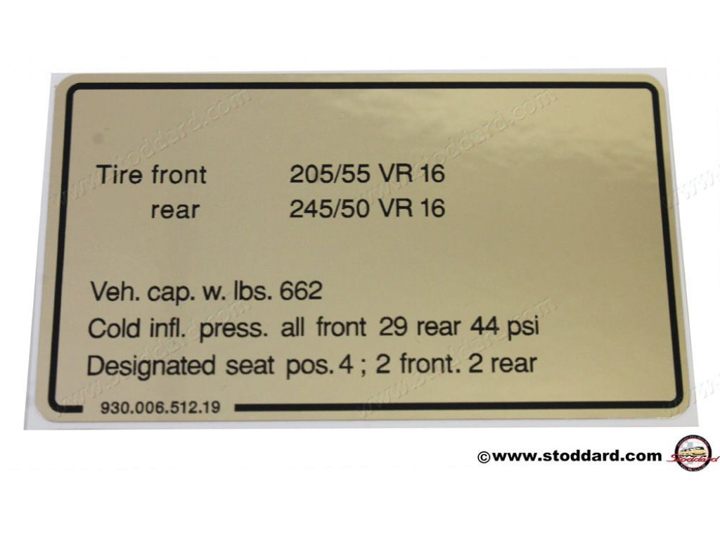 Vehicle Capacities and Tire Pressure Decal for 911 Turbo 930 1987-1989