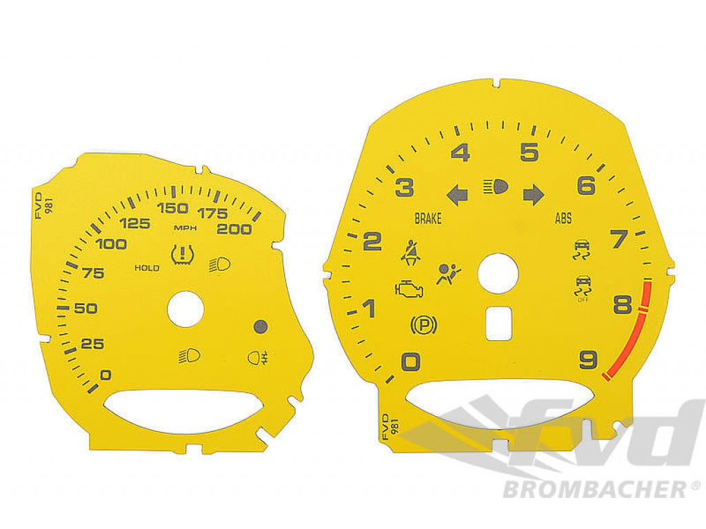 Instrument Face Set 981 Cayman GT4 - Racing Yellow - Manual - MPH - 200 MPH