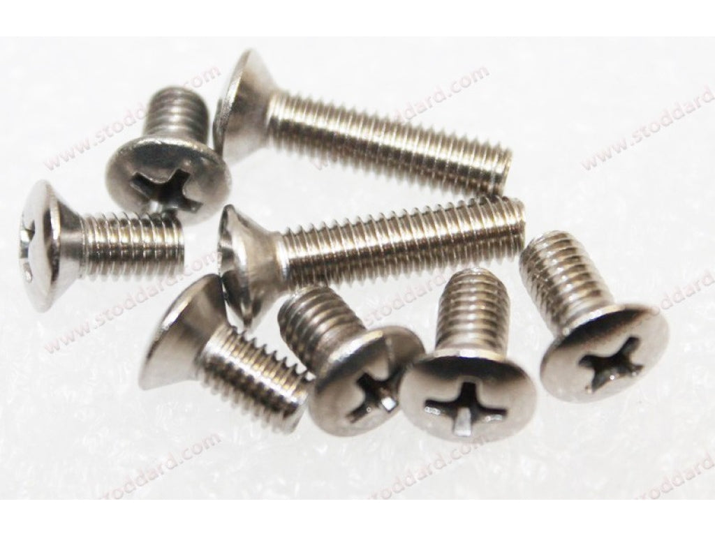 Stainless steel windshield frame screw set, attaches frame to posts and latches to frame. Fits Speedster.