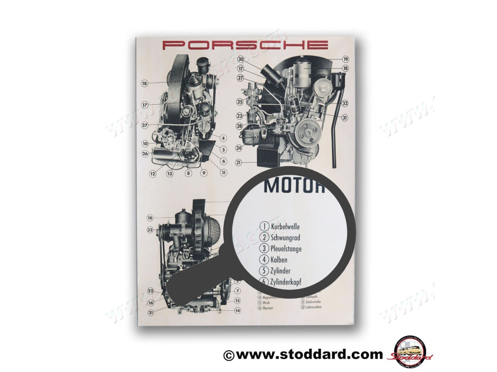 Cutaway diagram Porsche 356 A engine, 600x837mm, in German; suitable for Porsche 356 (1948 to 1965)