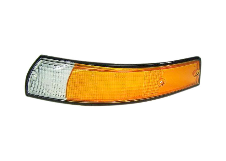 Front signal lens, left side, black trim, amber/white, Euro models. Fits 1969-1973.