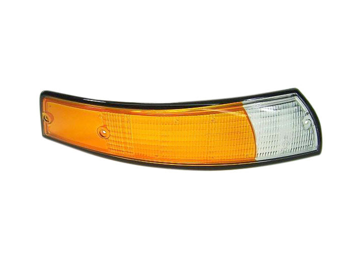 Front signal lens, right side, black trim, amber/white, Euro models. Fits 1969-1973.