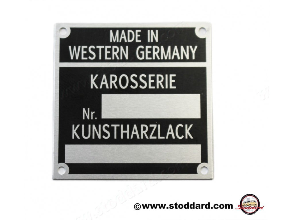 Chassis and Paint Number Badge for Reutter Built 911 912 1964-1969. Has Smaller Area for Chassis Number for Early Cars Replaces 90170110701