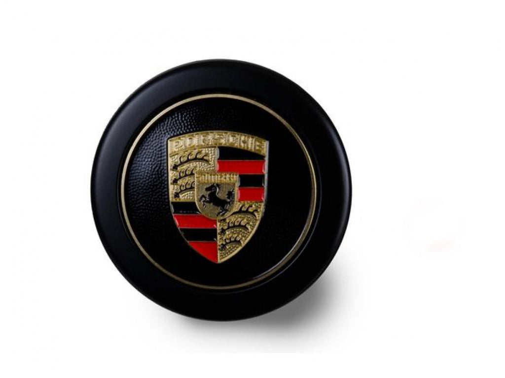 Black Hub Center Cap with full-color, embossed Porsche Crest; For Fuchs Wheels